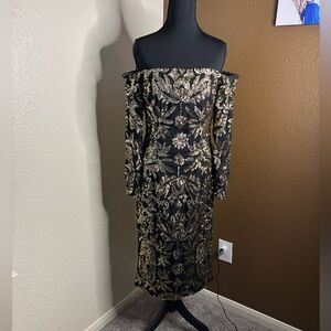Nicole Miller Black and Gold Floral Long Sleeve Dress